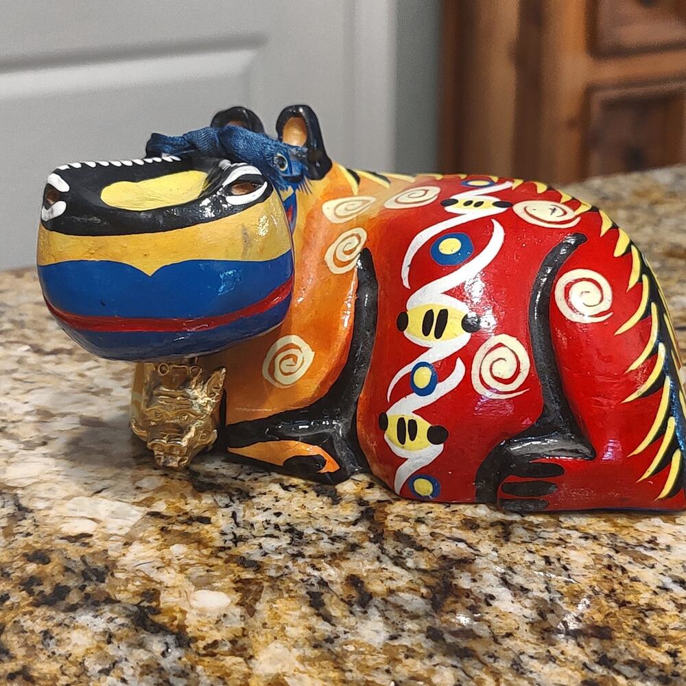 Colorful Handcrafted Ceramic Animal Figurine with Gold Pig Pendant
